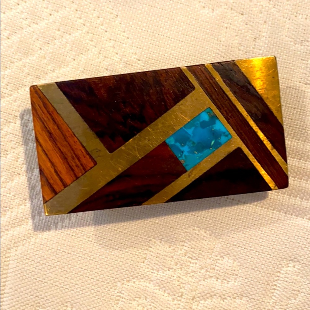 Kenneth Reid wood, turquoise, brass belt buckle